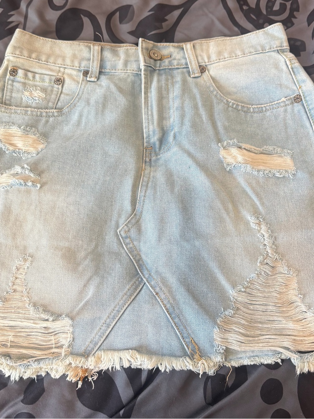 Umgee Light Blue Distressed Denim Mini Skirt